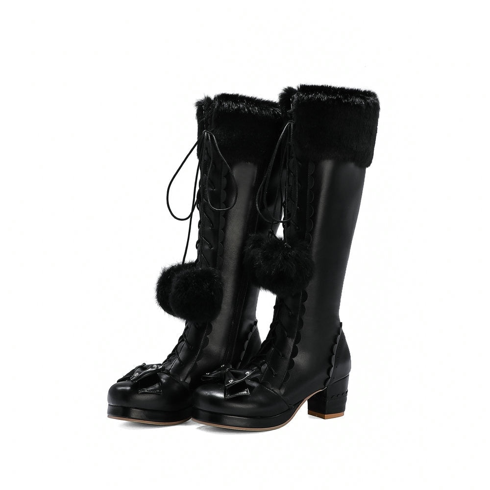Bow Fur Knee High Boots Black