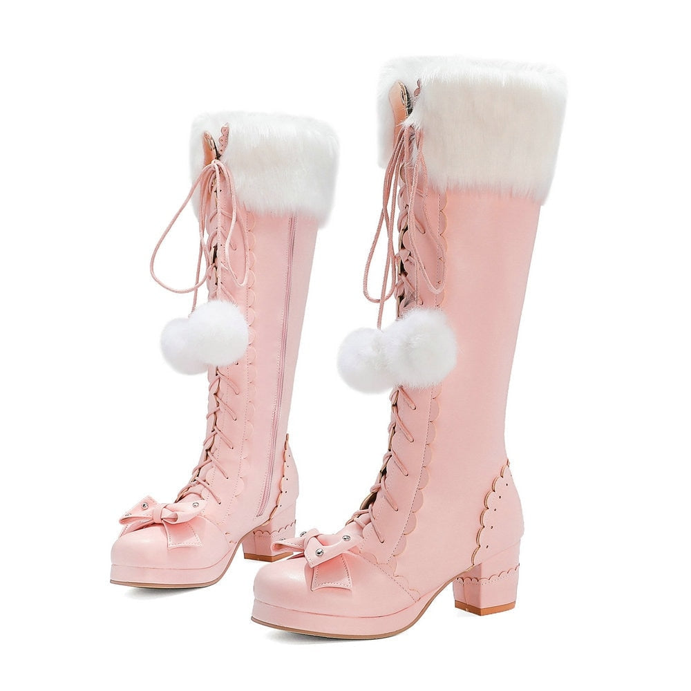 Bow Fur Knee High Boots Pink