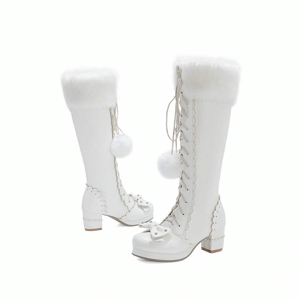 Bow Fur Knee High Boots White