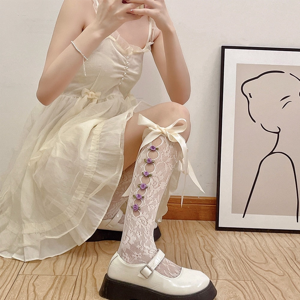 Lace Ribbon & Rosebud Stockings Cream Bow Side Purple Rosebuds