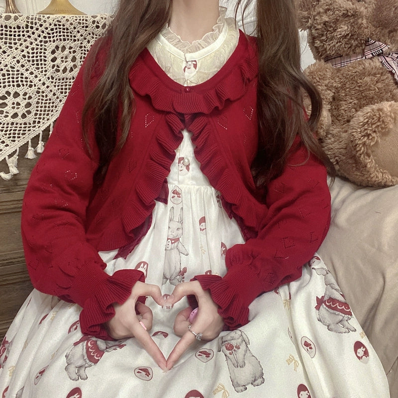 Ruffled Heart Cardigan Red