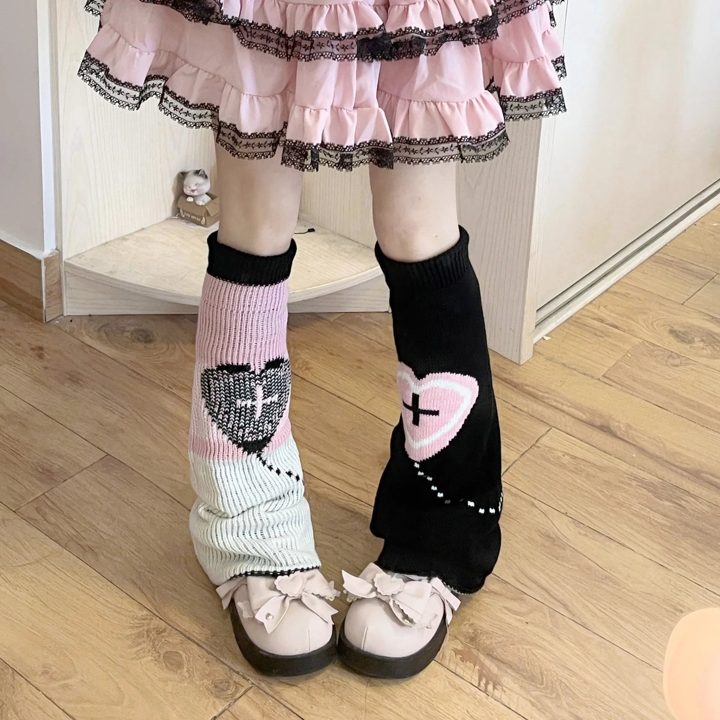 Pastel Goth Heart Cross Leg Warmers Black