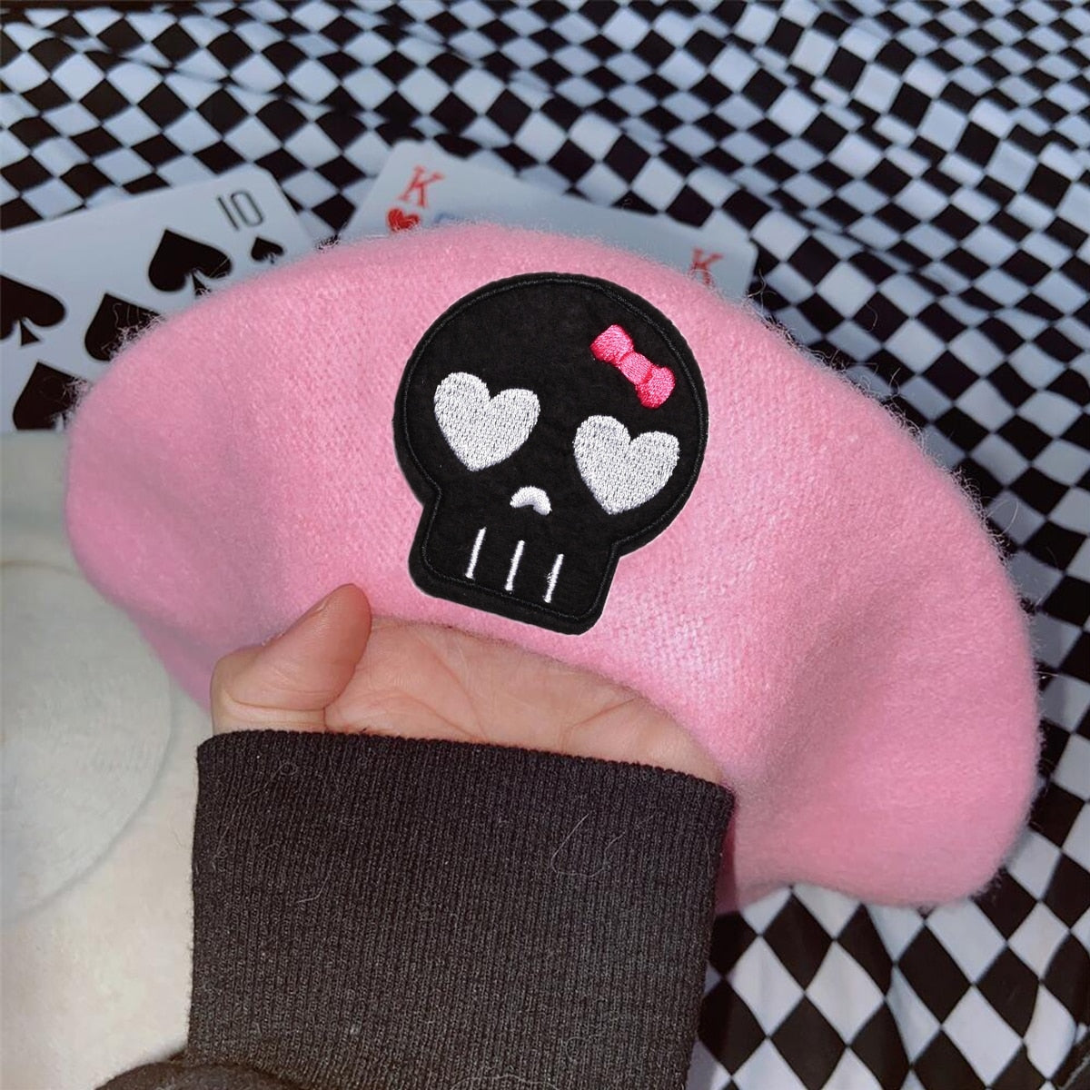 Pink Menhera Nurse Beret Pink Black Skull