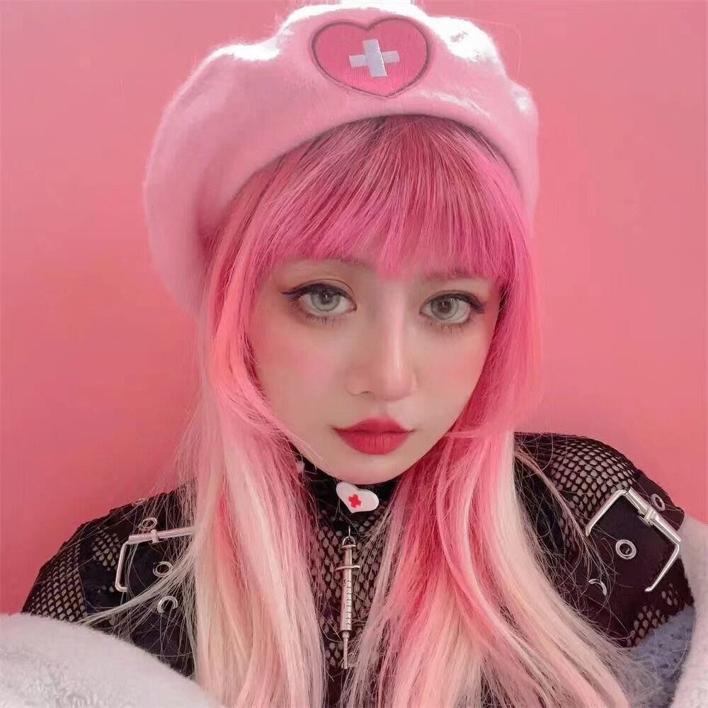 Pink Menhera Nurse Beret Pink Cross