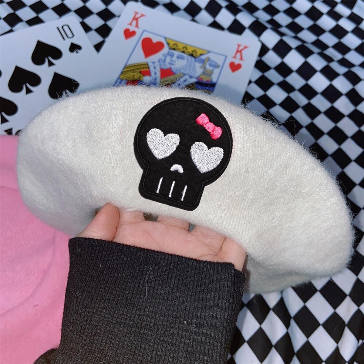 Pink Menhera Nurse Beret White Black Skull