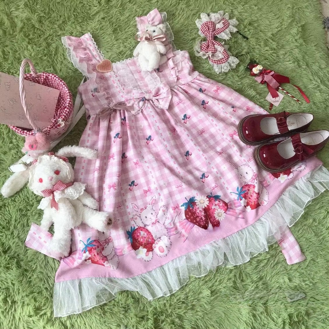 Plaid Strawberry Bunny Princess Dress Pink