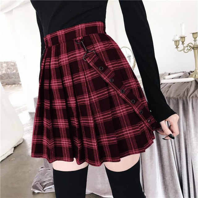 Plus Size Harajuku Gothic Plaid Pleated Skirt (5 Colors) Red