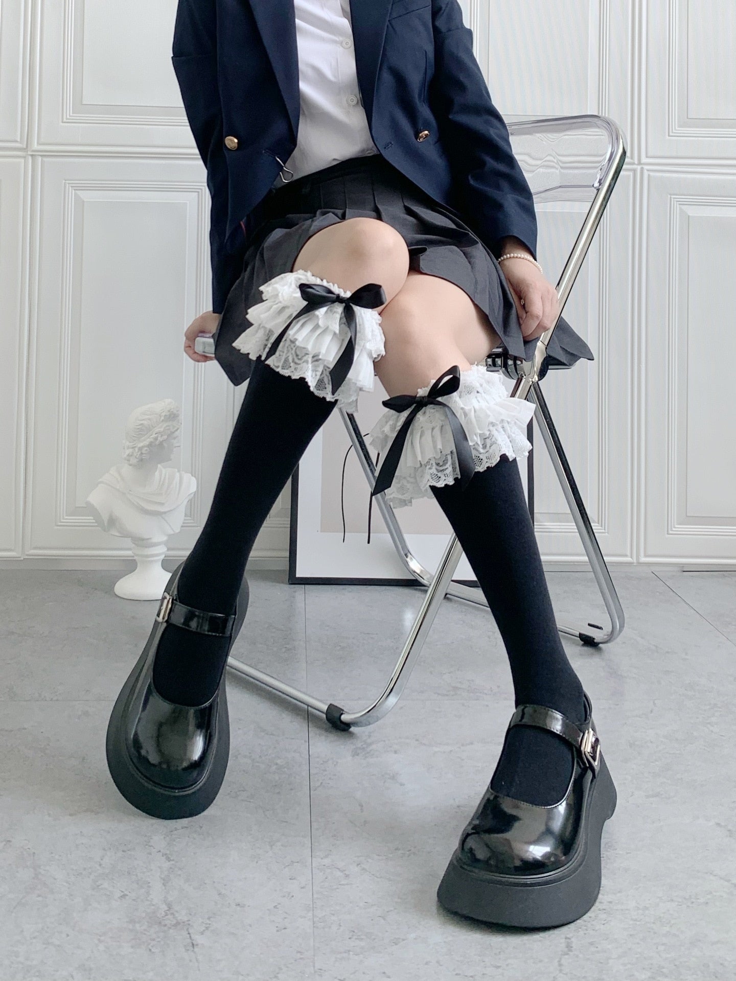 Ruffled Knee Socks Black