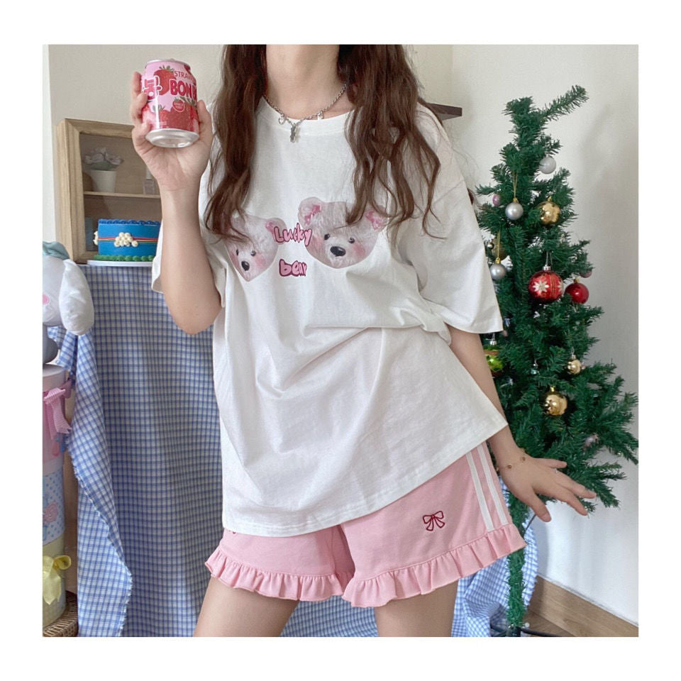 Ruffled Pink Bow High Waist Shorts
