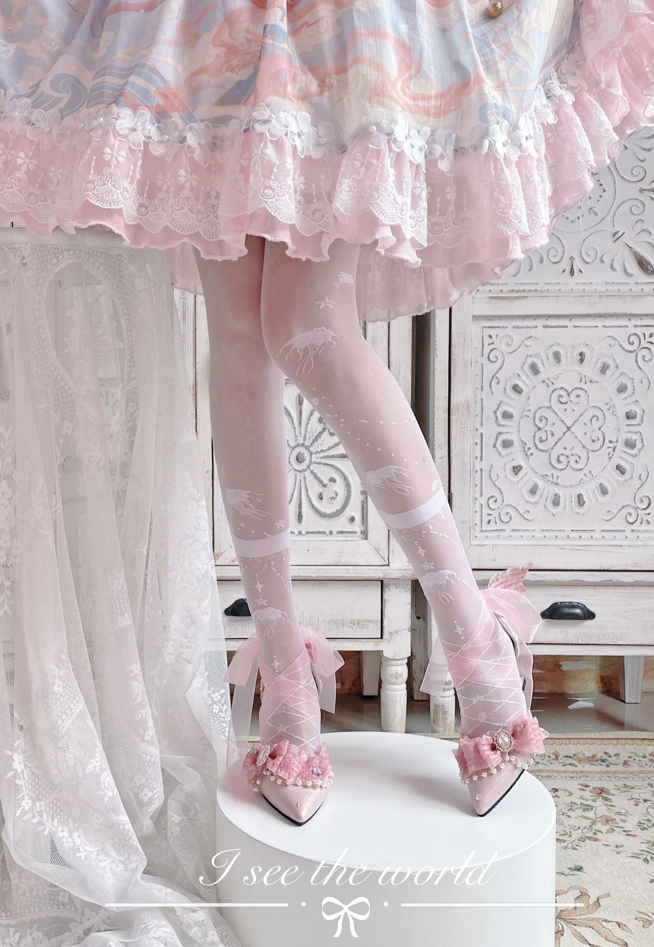 Sheer Ribbon Nylon Thigh Highs White Jellyfish
