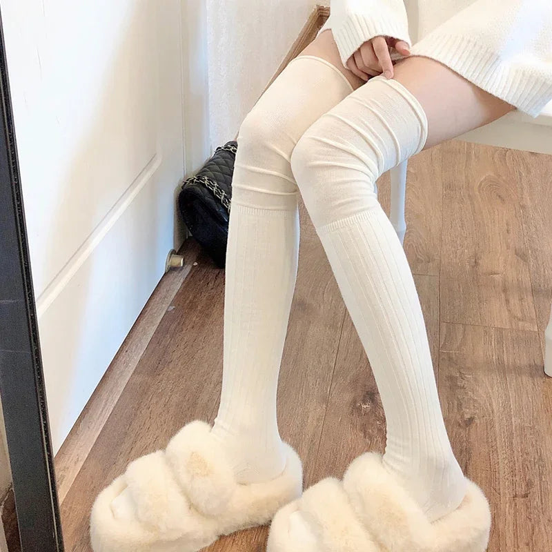 Slouchy Thigh High Socks Beige 61cm