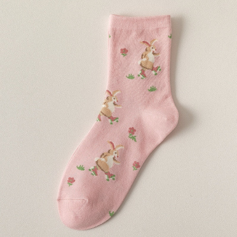 Spring Pink Floral Socks Bunnies