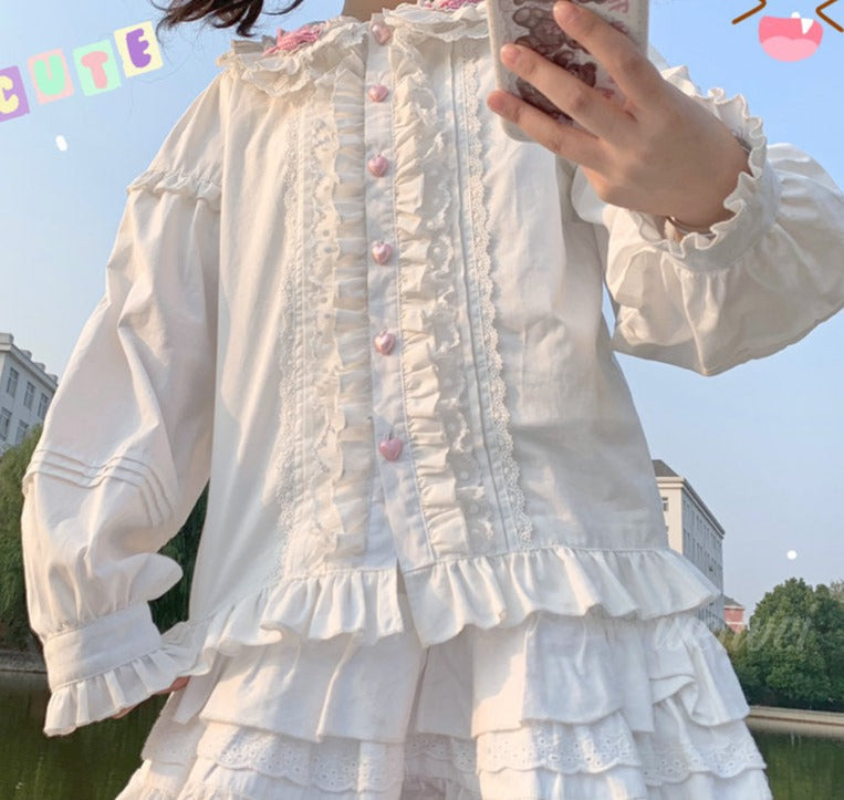 Sweet Ruffled Candy Blouse White - Long Sleeve