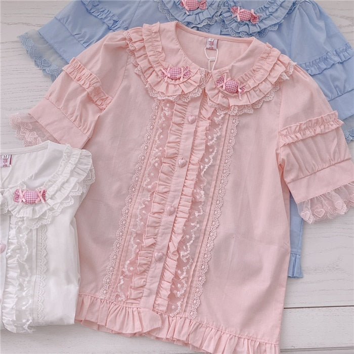 Sweet Ruffled Candy Blouse Pink - Short Sleeve