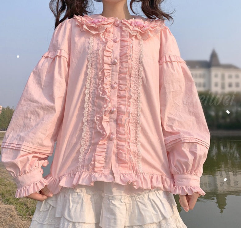 Sweet Ruffled Candy Blouse Pink - Long Sleeve