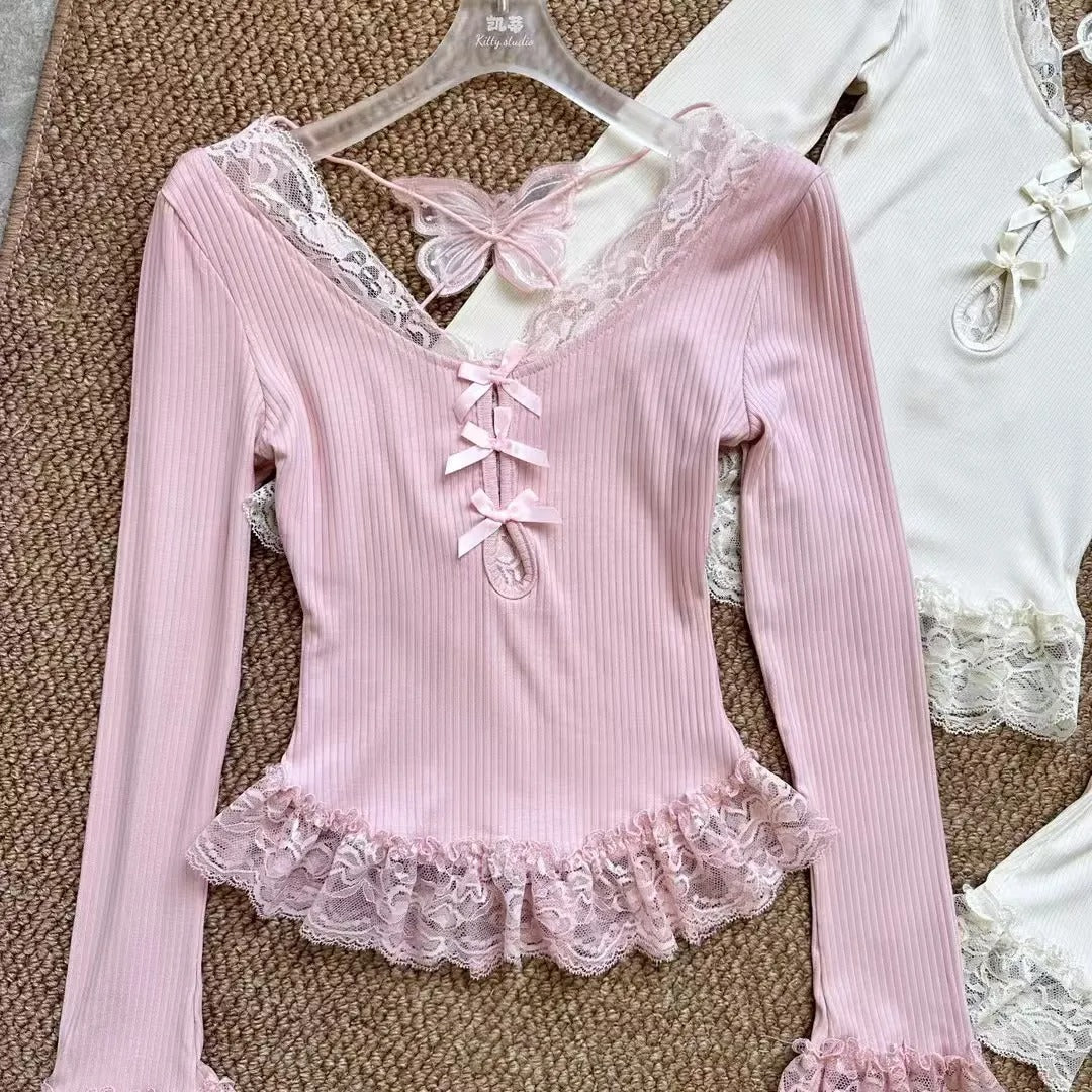 Lace Bow Panel Knit Top pink