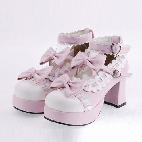 Pink Heel High Beautiful Synthetic Leather Round Straps Platform Sweet Lolita Shoes Pink