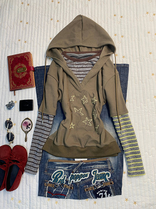 khaki hooded printed sweatshirt