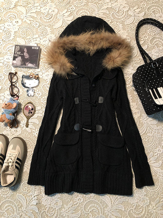 black hooded mid-length vintage jacket