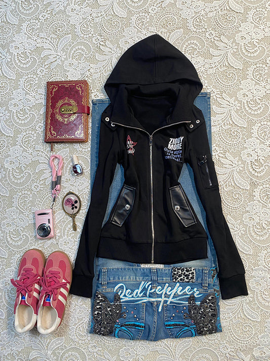 black printed hooded jacket
