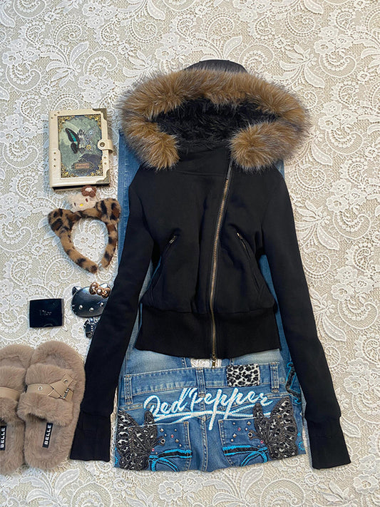 winter fur collar hooded jacket