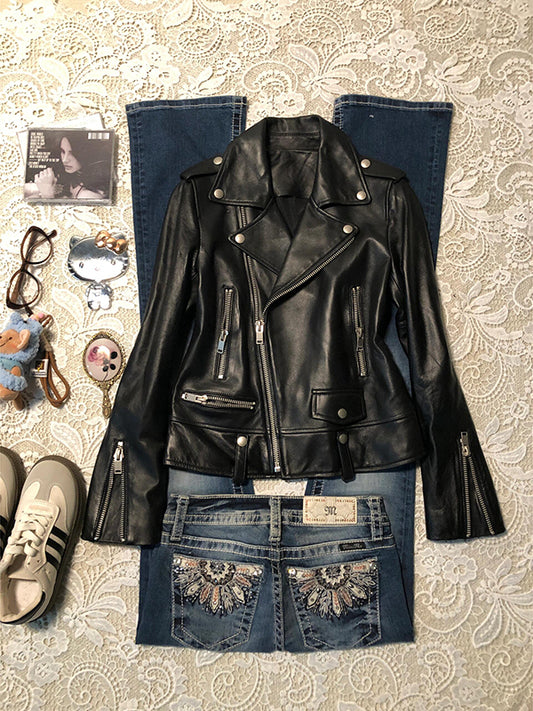 lapel motorcycle leather jacket