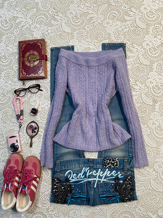 purple one-shoulder knitted sweater
