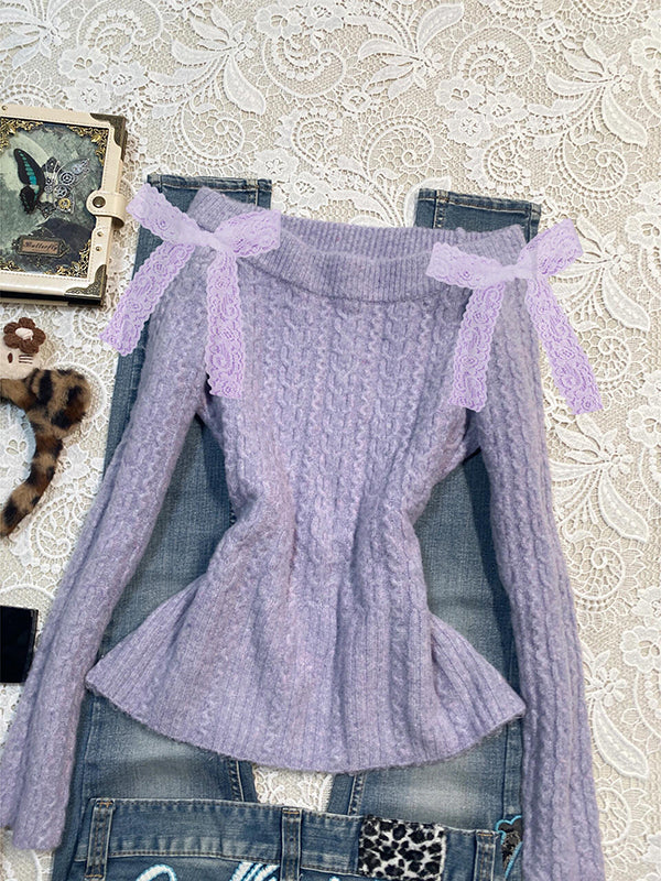 purple one-shoulder sweater