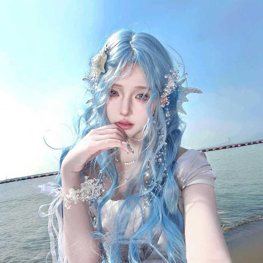 Sea Elf Blue Long Curly Wig