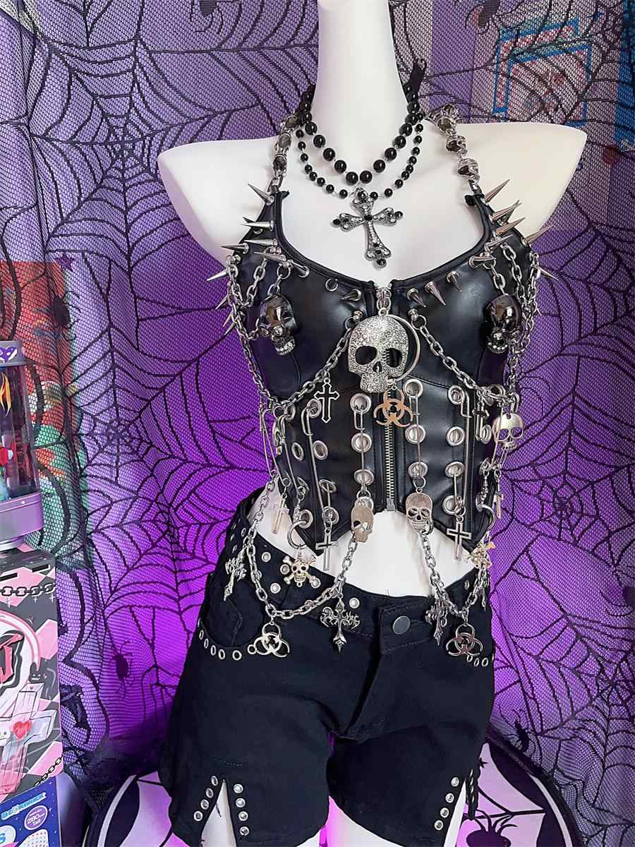 Y2K Goth Skull Leather Top