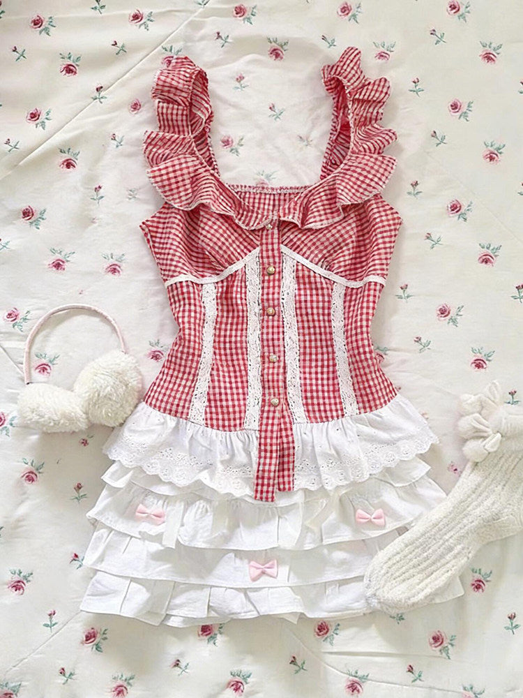 retro plaid red ruffled tank top
