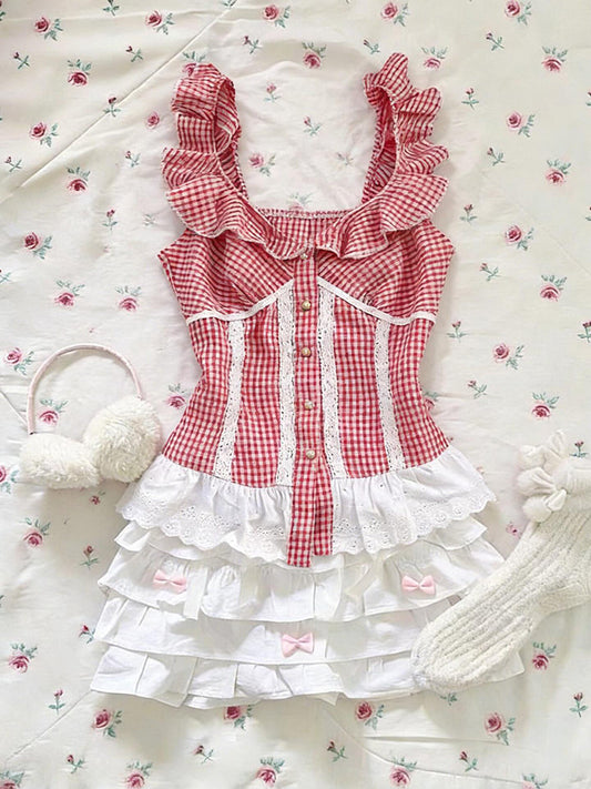 retro plaid red ruffled tank top