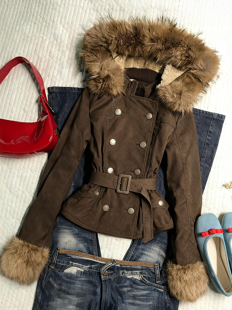 brown retro waist slimming fur collar hooded jacket