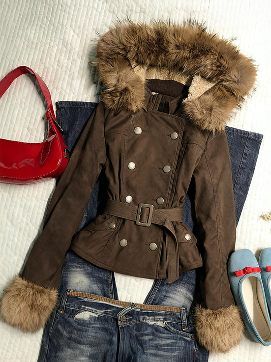 brown retro waist slimming fur collar hooded jacket