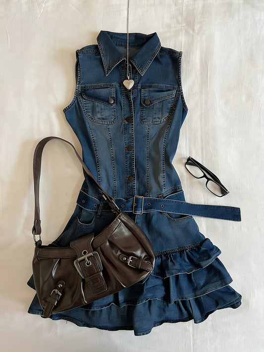 denim sleeveless ruffled dress