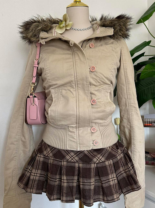 retro beige fur hooded jacket