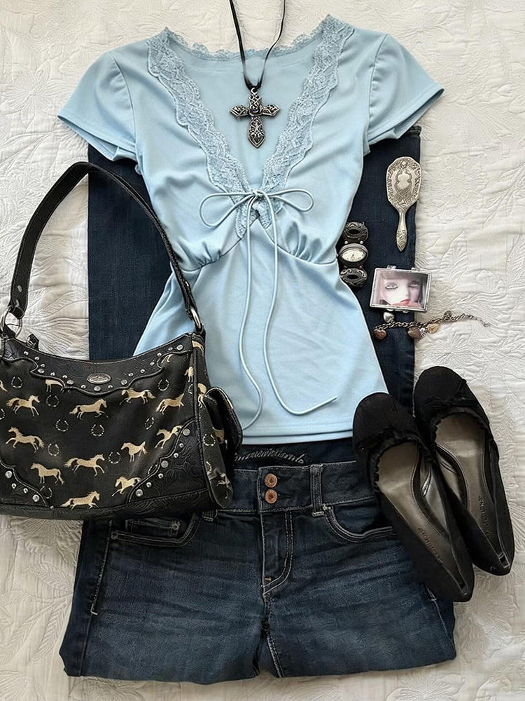 retro blue lace trim shirt
