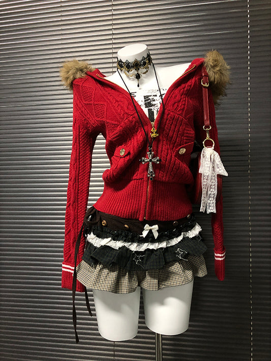 red hooded sweater jacket