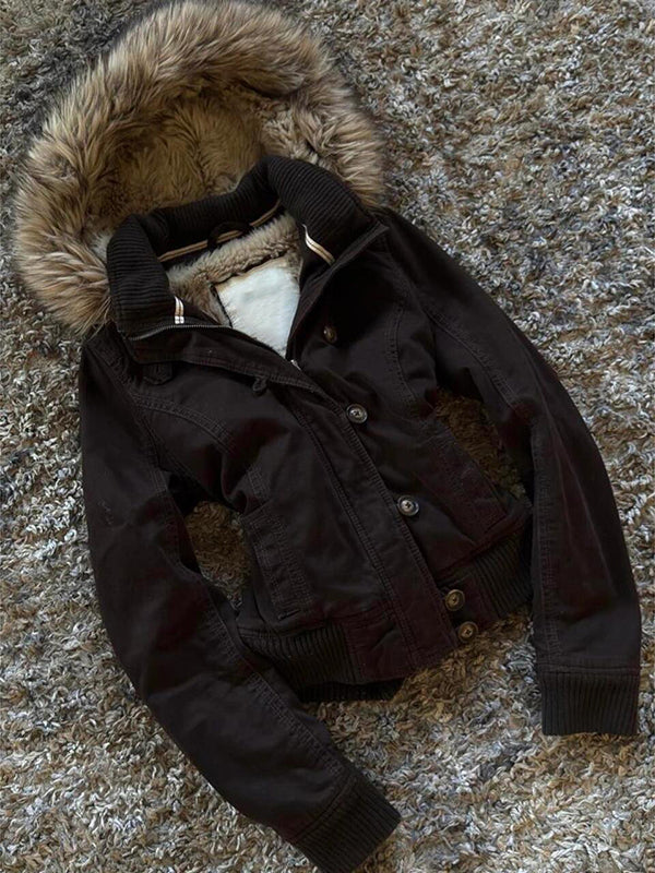 retro brown hooded fur collar jacket