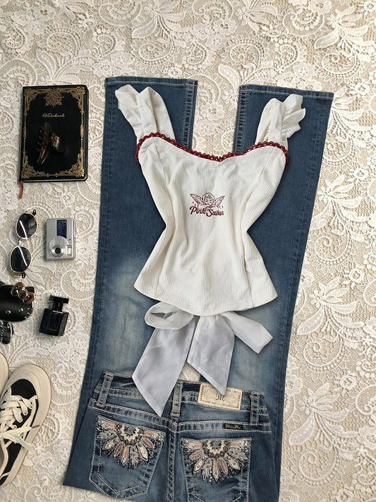 angel red lace white tank top