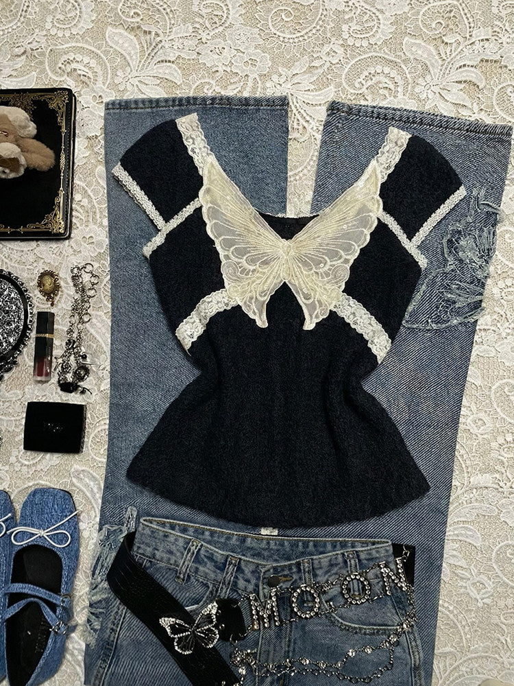 lace butterfly black shirt