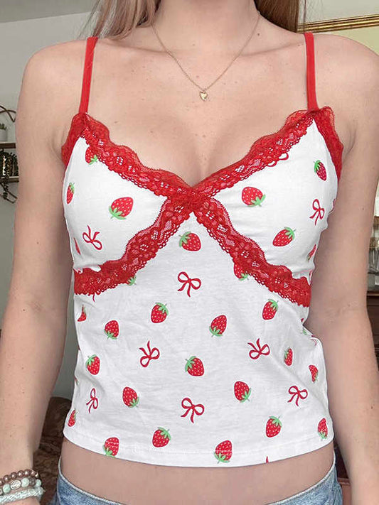 Strawberry Print Bow White Tank Top