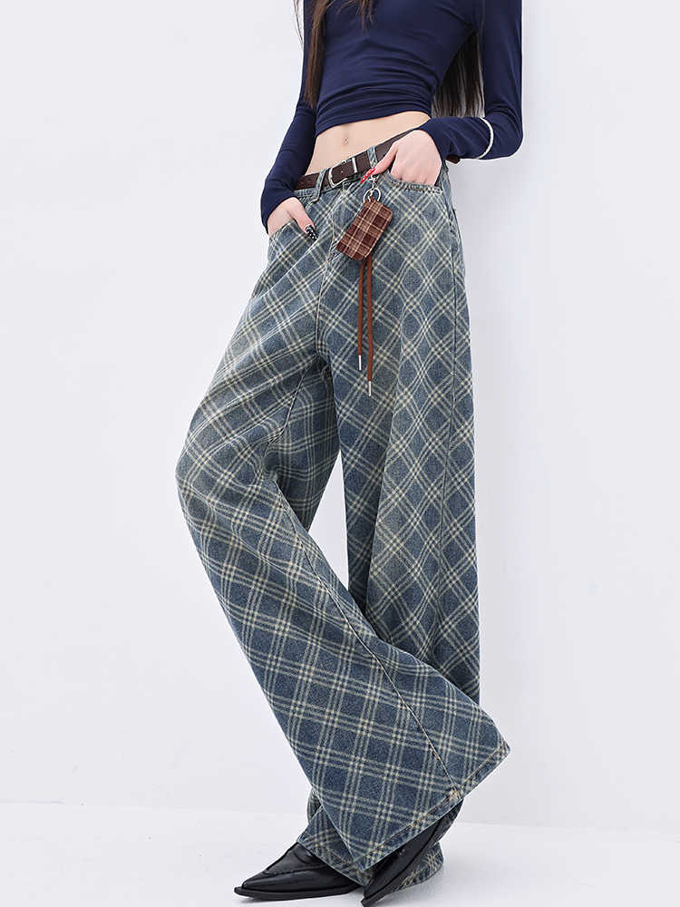 Preppy Retro Plaid Wide-leg Jeans