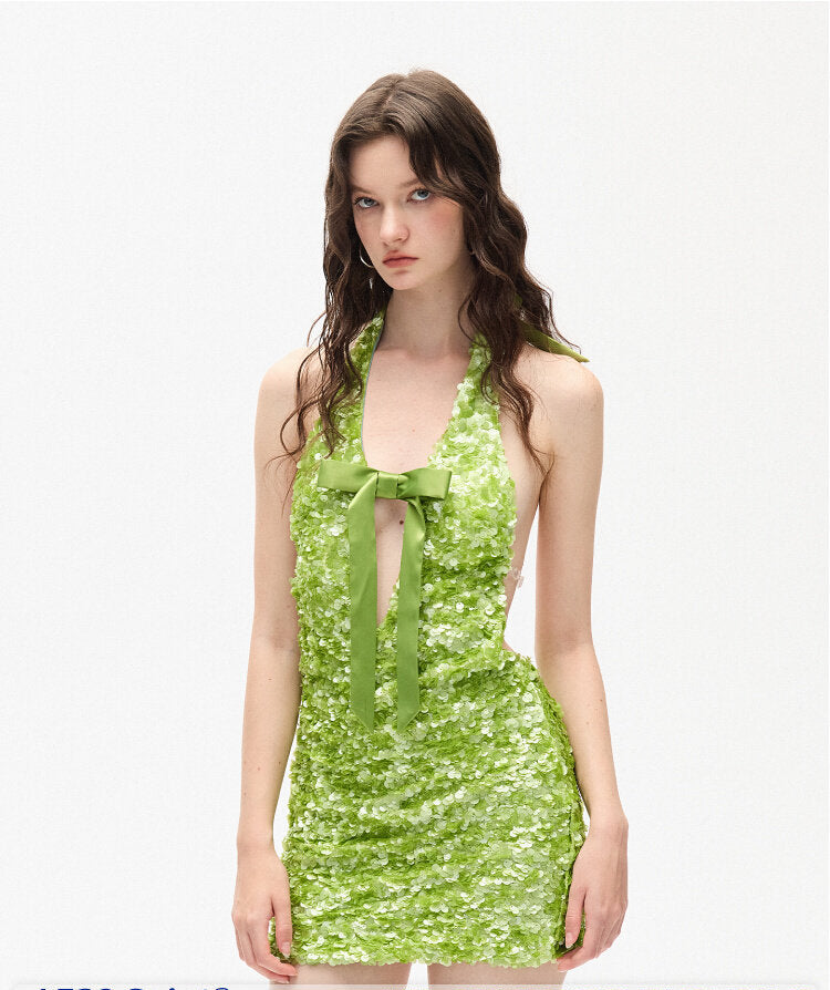 Deep V Bow Sequined Halter Dress