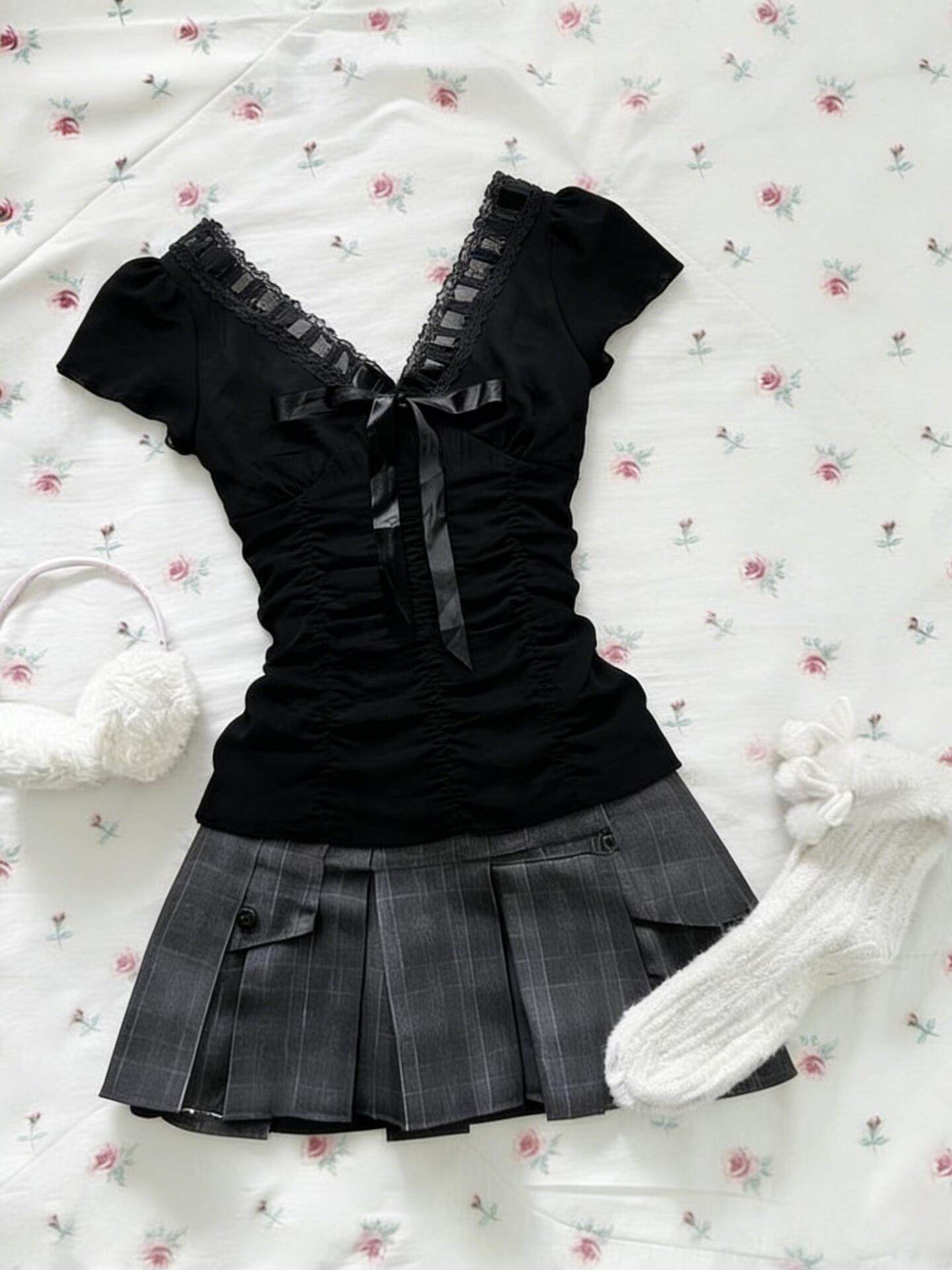 dark coquette bow lace shirt