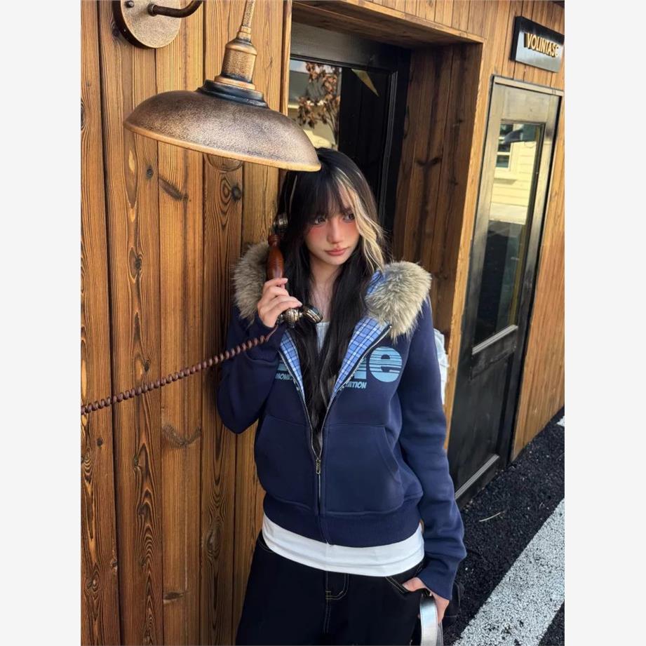 American retro fur collar hooded sweatshirt