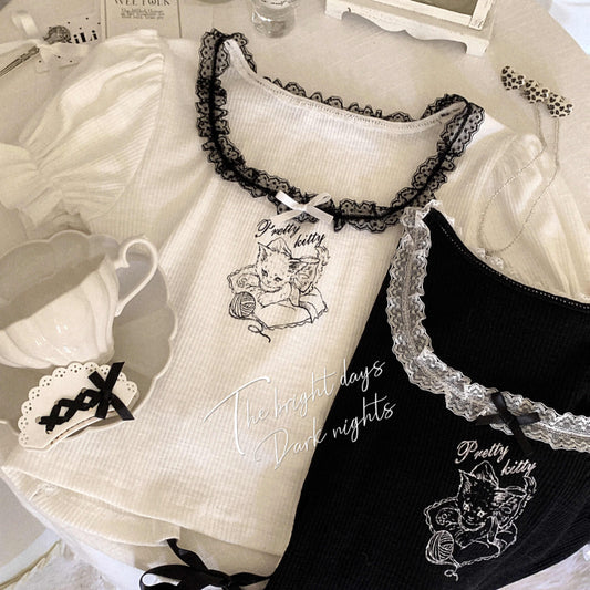 Lace Bow Cat Puff-sleeve Top