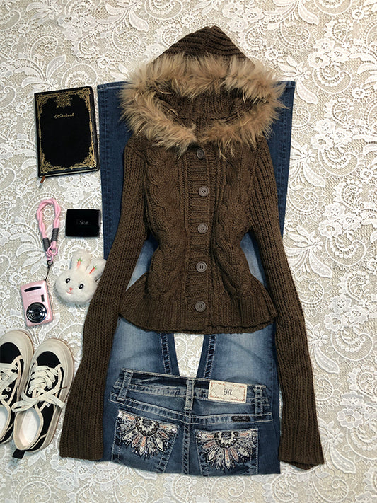 retro twist hooded knitted jacket
