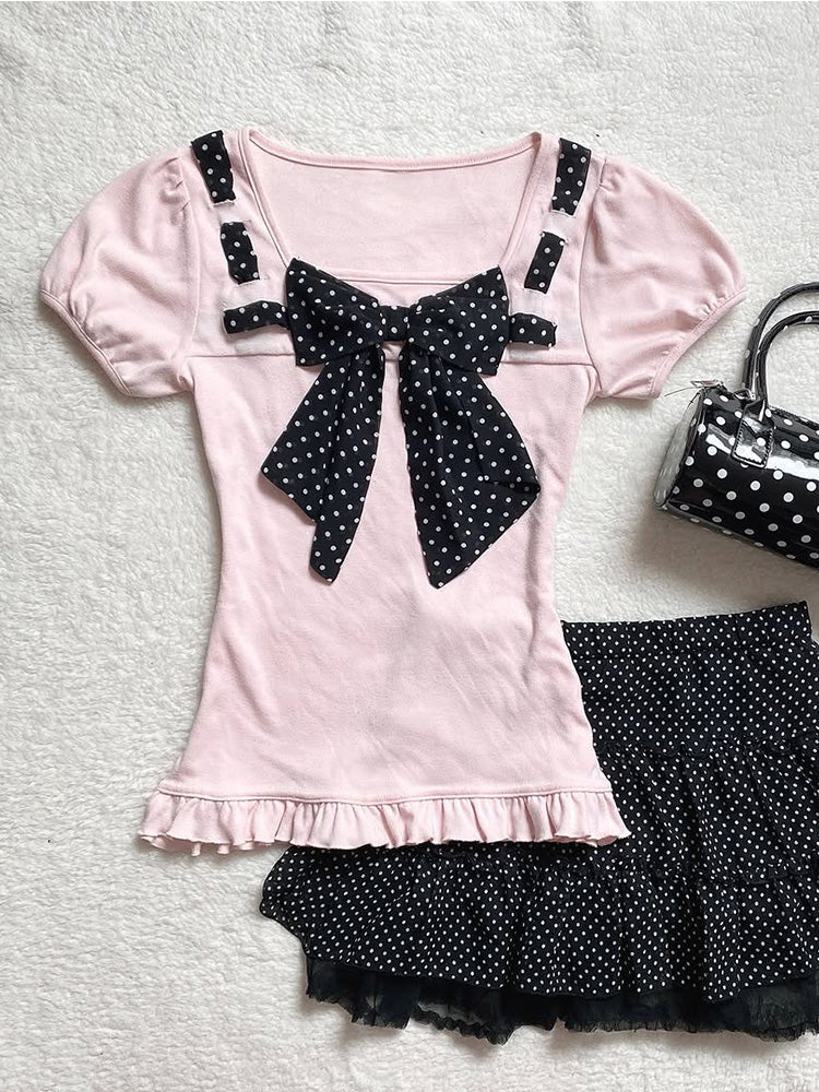 Girly pink bow short-sleeved T-shirt