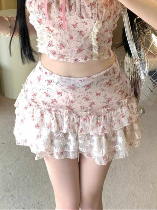 Lace Bow Floral Coquette Skirt